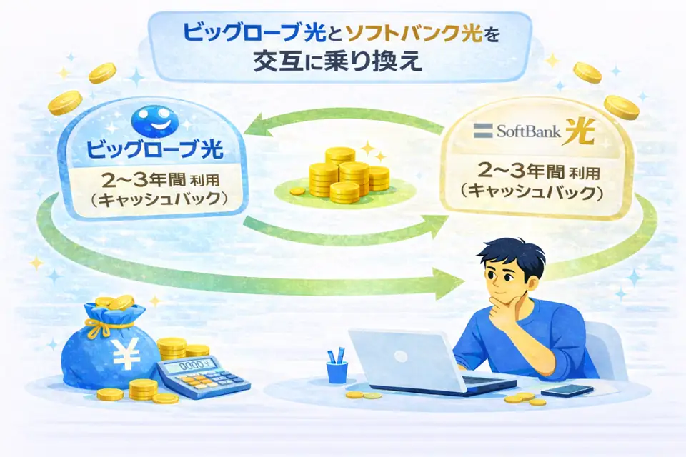 BIGLOBE光とSoftBank光を交互に乗り換えてキャッシュバックを受けるイメージ図