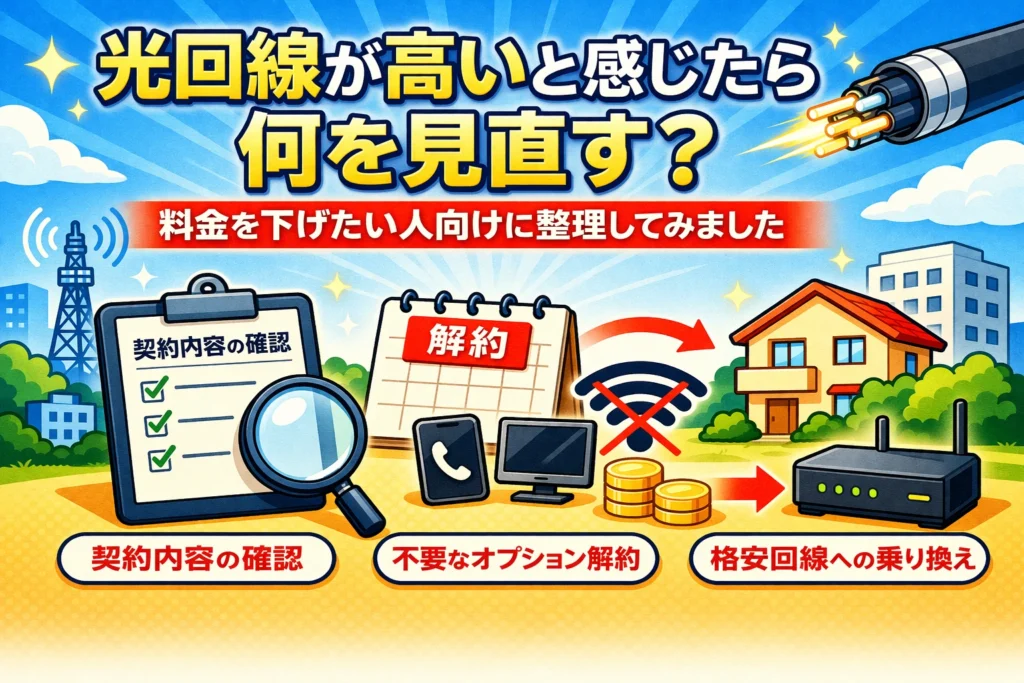光回線が高いと感じたときに見直すポイントをイラストで表したアイキャッチ画像