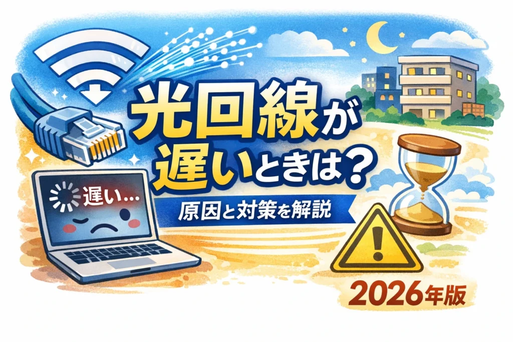 光回線が遅い時の原因と対策を解説するアイキャッチ画像。LANケーブル、Wi-Fiマーク、遅い表示のノートパソコン、警告マークをイラストで表現したサムネイル