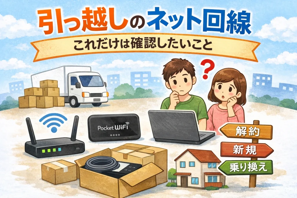 引っ越し時のネット回線手続きや開通待ち対策をイメージしたアイキャッチ画像