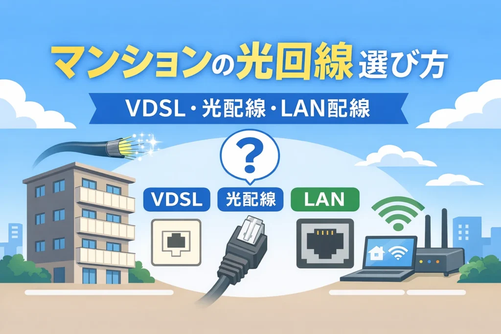 マンションの光回線の配線方式を比較するイラスト（VDSL・光配線・LAN配線）