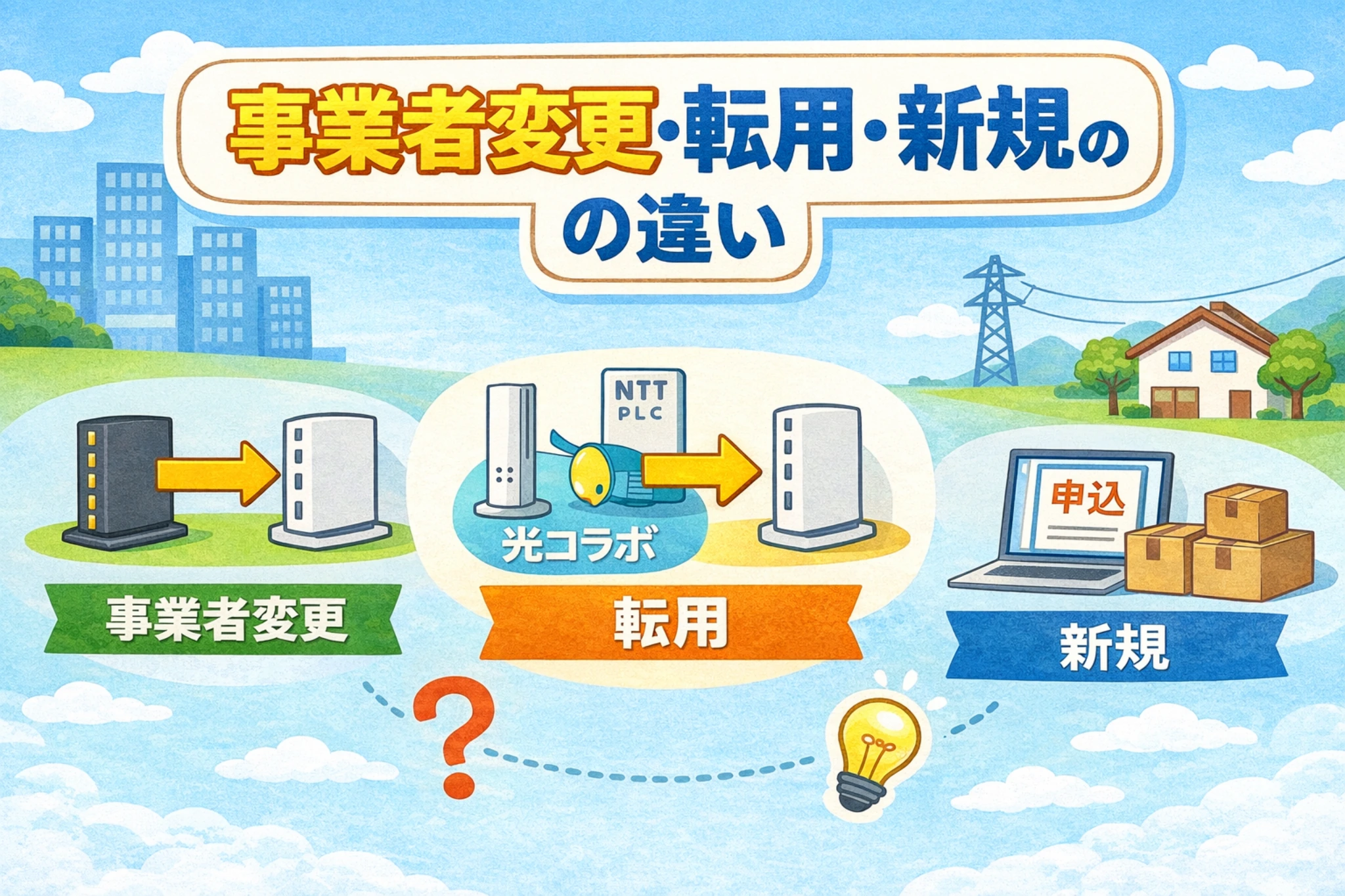 光回線の事業者変更・転用・新規の違いを、回線の切り替えイメージでわかりやすく示したアイキャッチ画像