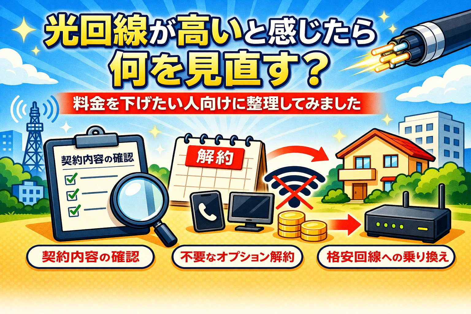 光回線が高いと感じたときに見直すポイントをイラストで表したアイキャッチ画像