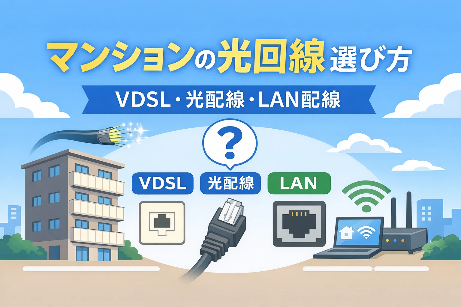 マンションの光回線の配線方式を比較するイラスト（VDSL・光配線・LAN配線）
