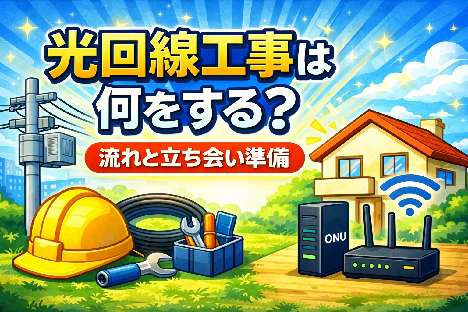 光回線工事は何をするのかをイメージした画像。電柱・工具・住宅・ONU・ルーターを使って工事と開通の流れを表現