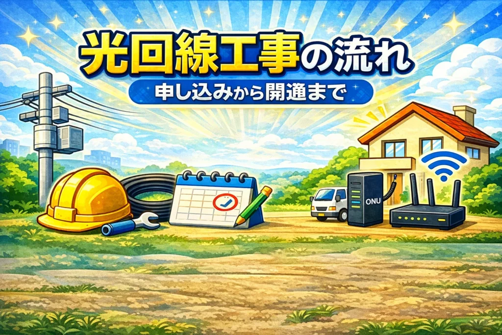 光回線工事の流れをイメージした画像。電柱・工具・工事日調整・住宅・ONU・ルーターを使って開通までのイメージを表現