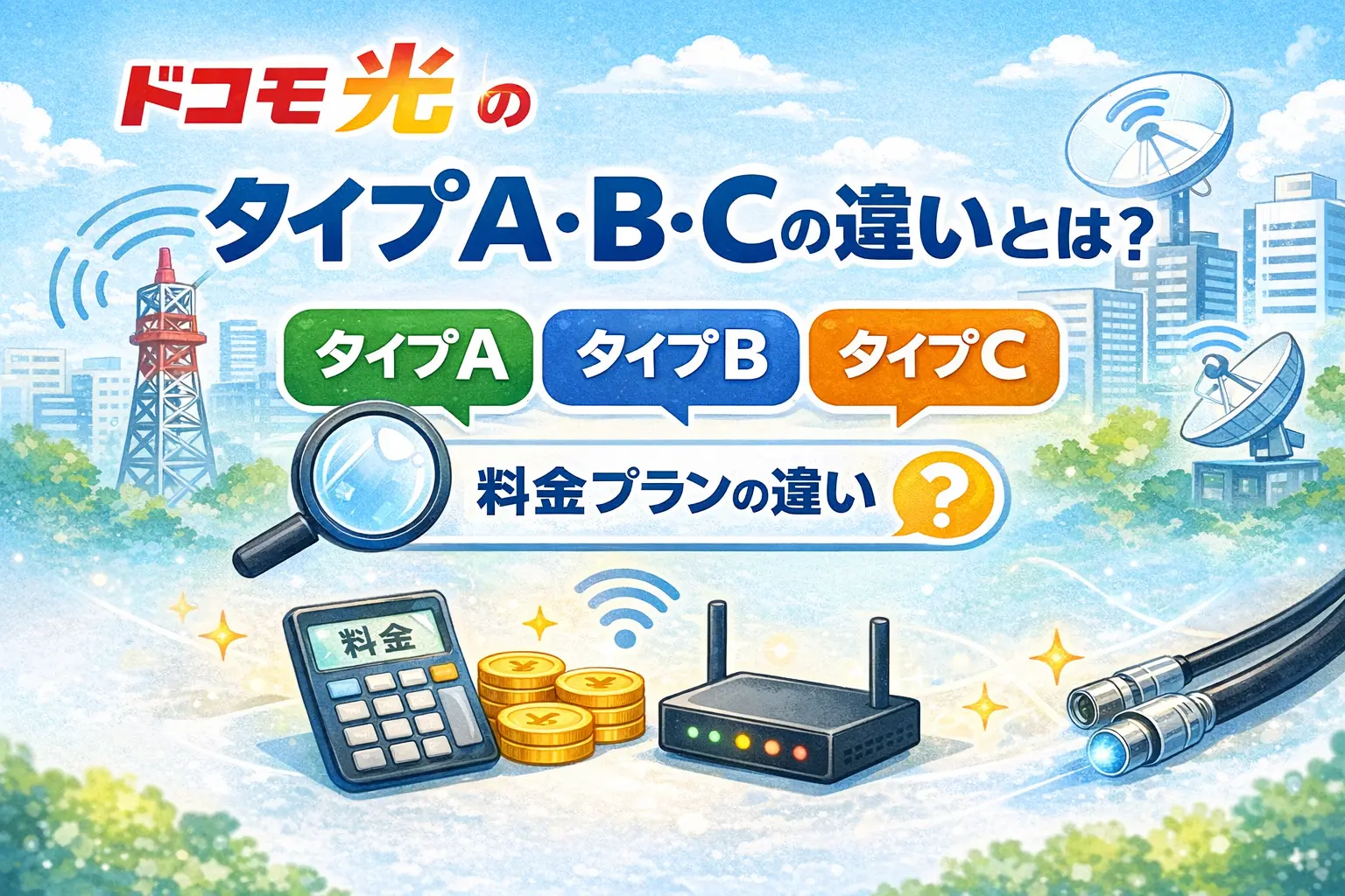ドコモ光のタイプA・B・Cの違いや料金差を比較しているイメージ画像